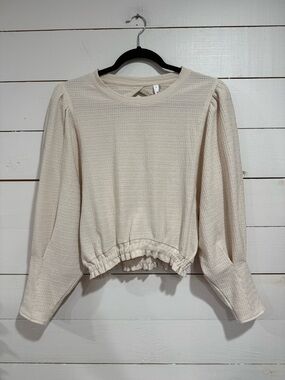 glam Cream Textured Puff-Sleeve Cropped Sweatshirt